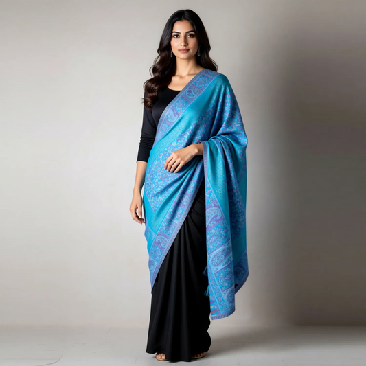 Zuhoor Kashmiri Zari Couple Stole Set (Mustard & Sky Blue)