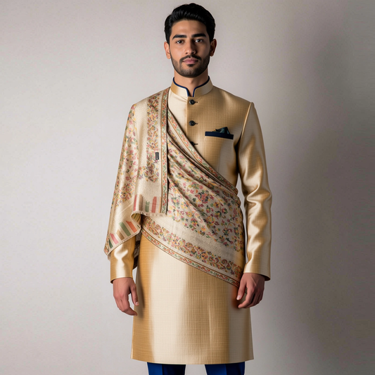 Zuhoor Kashmiri Zari Couple Stole Set (White & Beige)