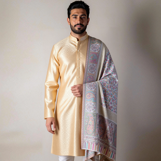Zuhoor Pearl White Kani Zari Kashmiri Shawl