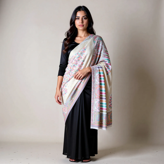 Zuhoor Kashmiri Zari Couple Shawl Set (White & Beige)