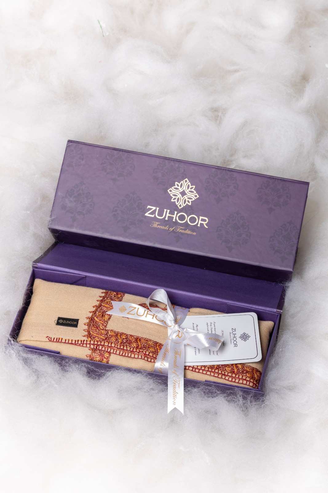 Zuhoor 100% Pure Pashmina Beige Rust Mustard Sozni Shawl