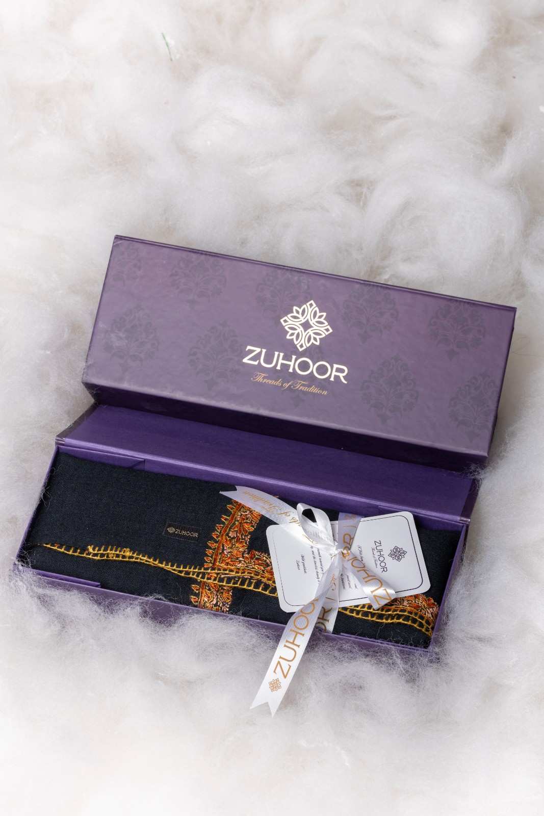 Zuhoor 100% Pure Pashmina Black Yellow Sozni Shawl