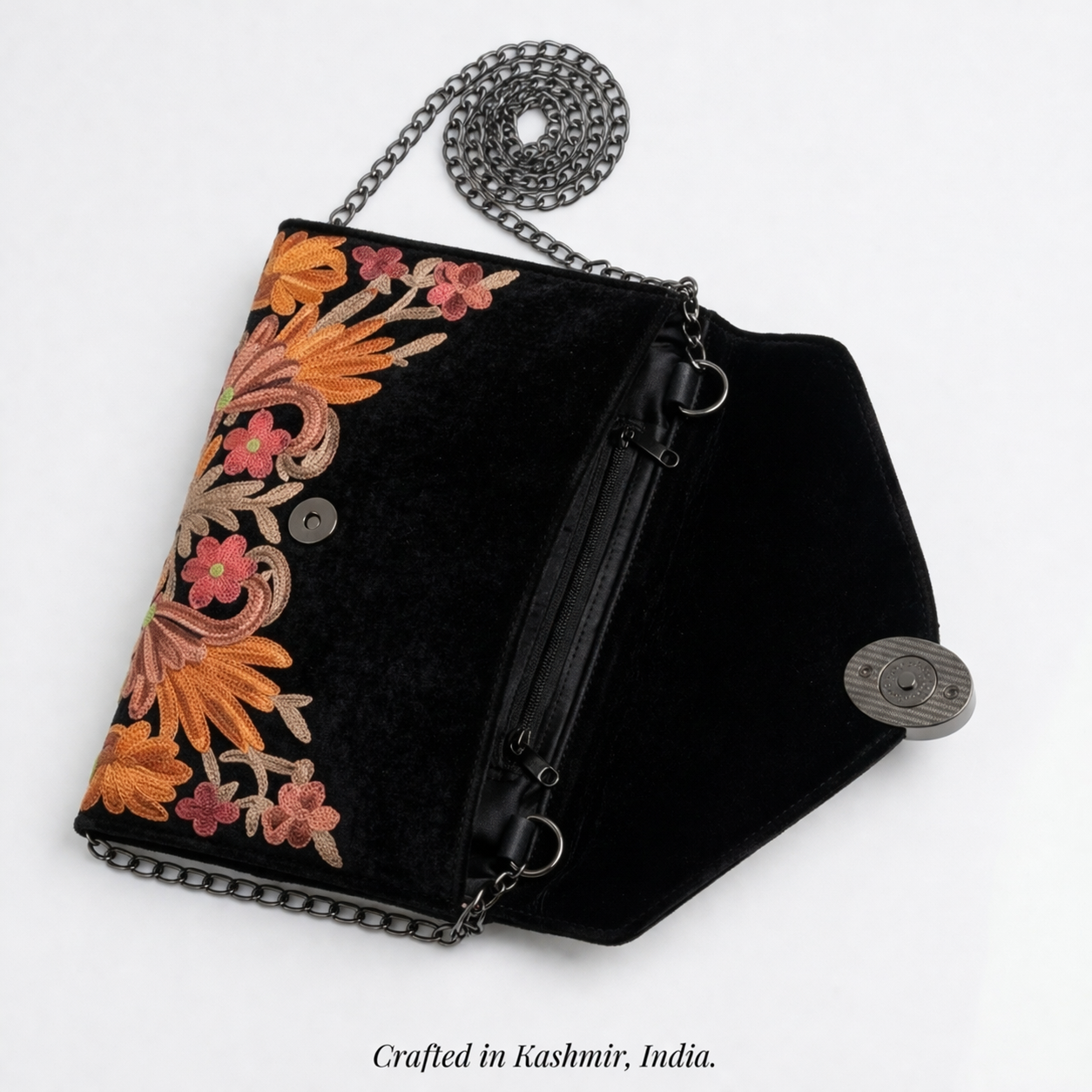 Kashmiri Aari Embroidered Black Velvet Clutch Bag