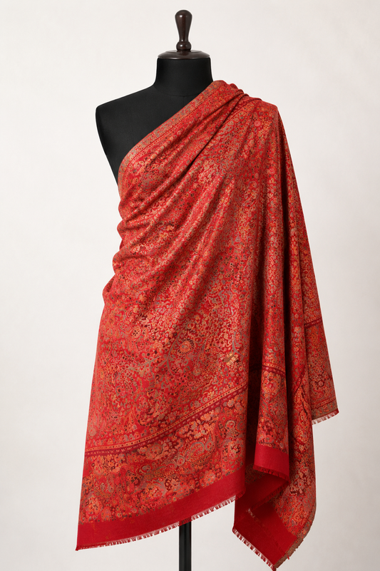 Zuhoor Ruby Crimson Kani Zari Kashmiri Shawl