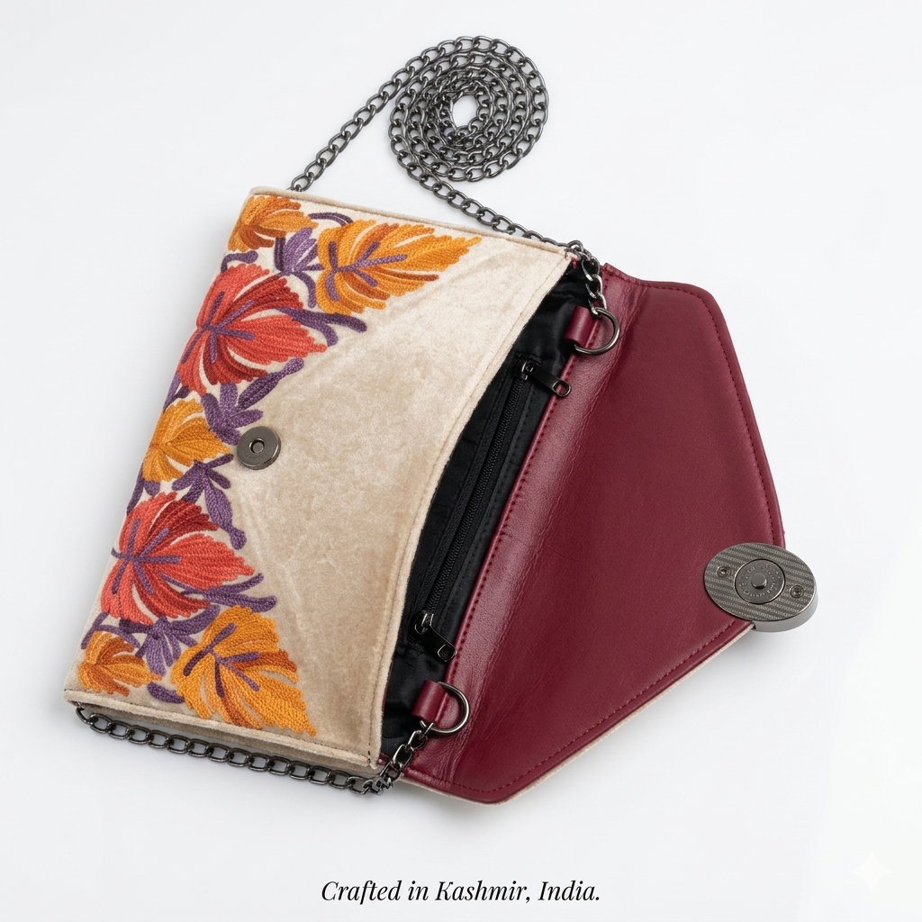 Kashmiri Aari Embroidered White Clutch Bag