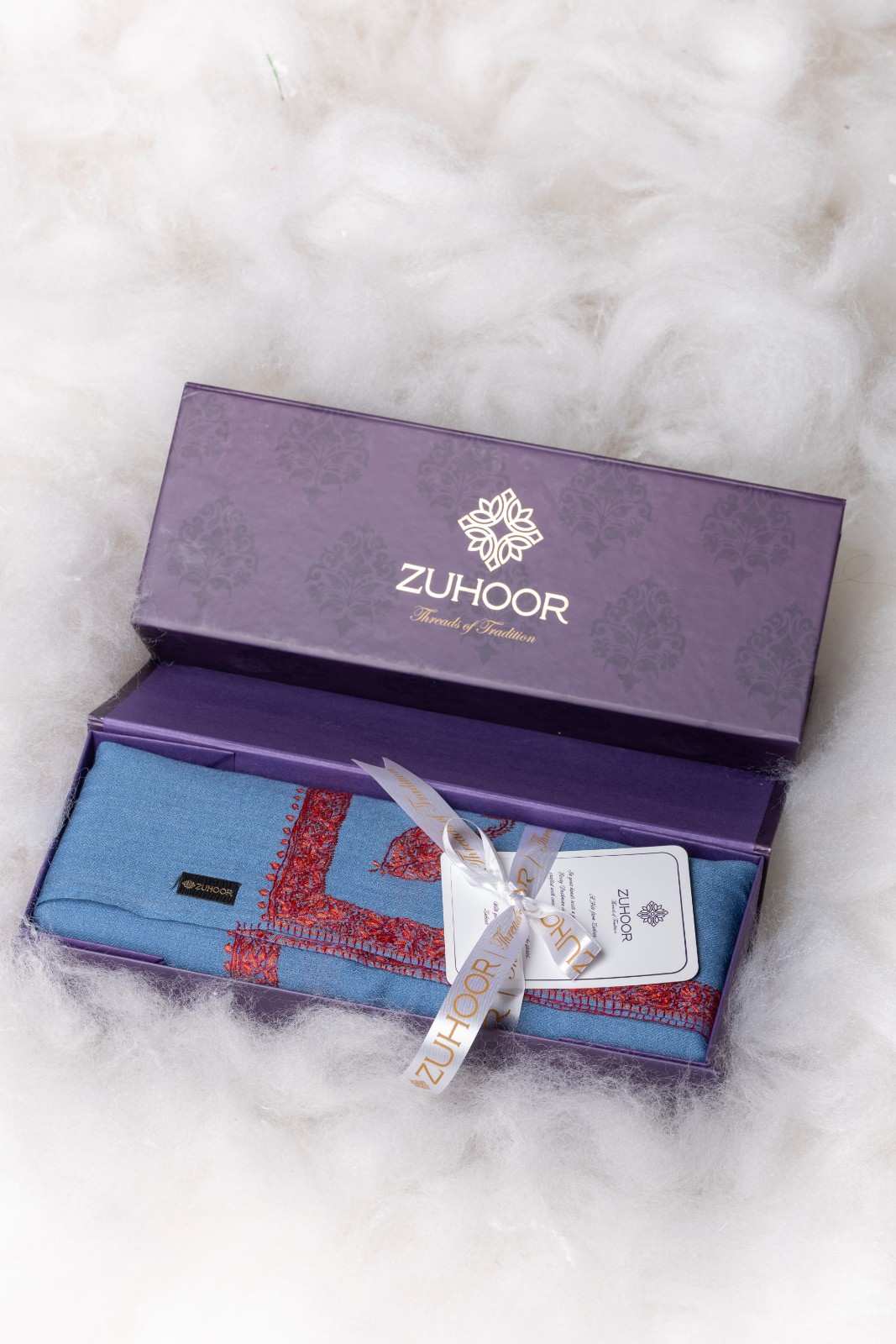 Zuhoor 100% Pure Pashmina Sky Blue Red Sozni Shawl