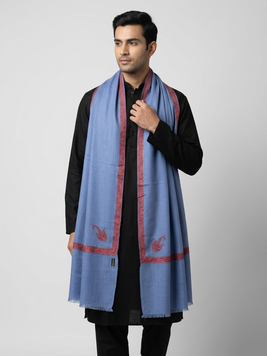 Zuhoor 100% Pure Pashmina Sky Blue Red Sozni Shawl