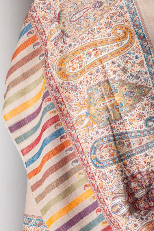 Zuhoor Elegant Beige Kani Jamawar Kashmiri Shawl