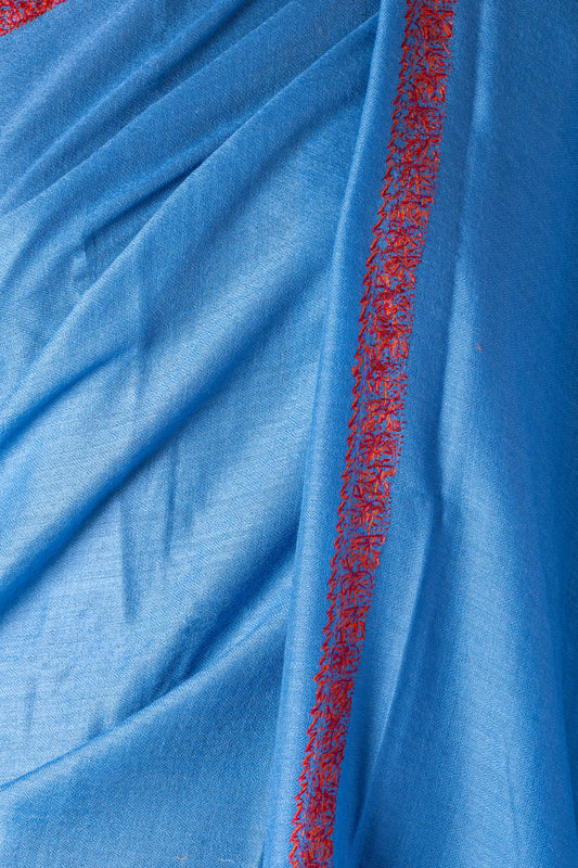 Zuhoor 100% Pure Pashmina Sky Blue Red Sozni Shawl