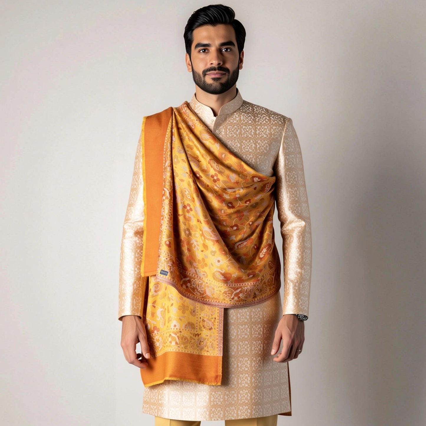 Zuhoor Royal Couple Reversible Stole Set (Mustard & Green)