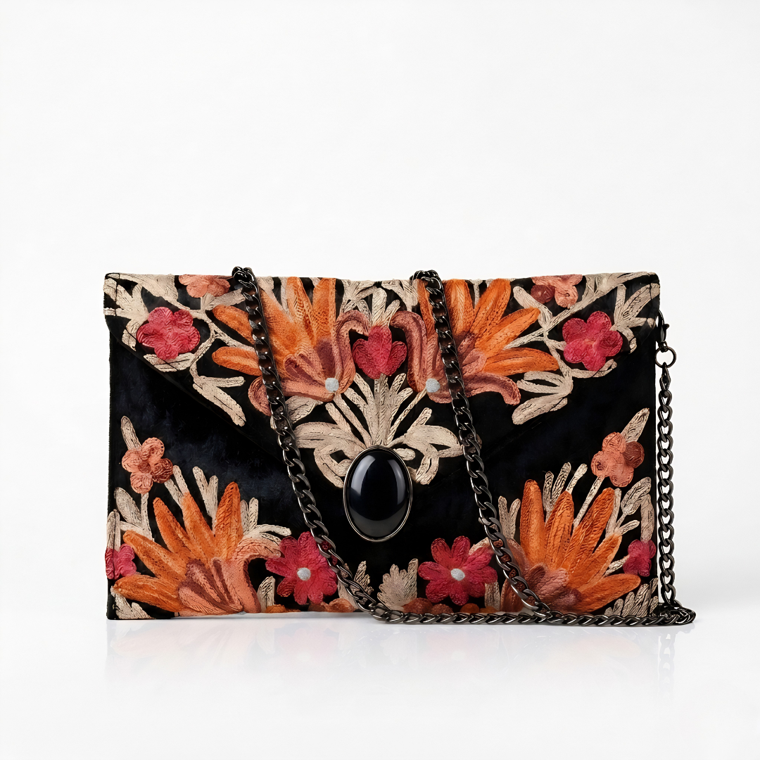 Kashmiri Aari Embroidered Black Velvet Clutch Bag