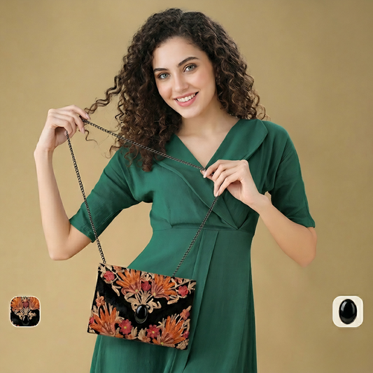 Kashmiri Aari Embroidered Black Velvet Clutch Bag