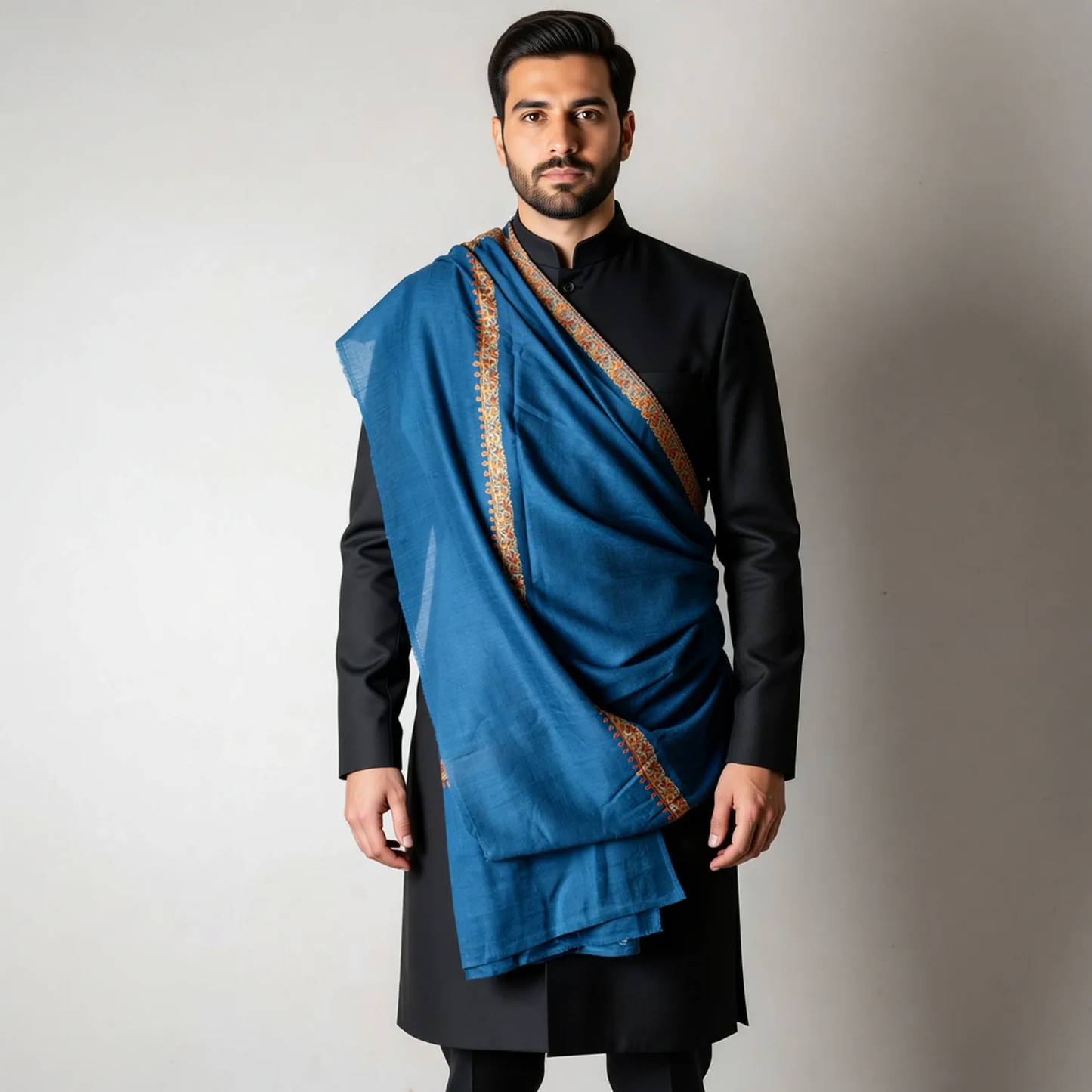 Zuhoor 100% Pure Pashmina Navy Blue Sozni Shawl