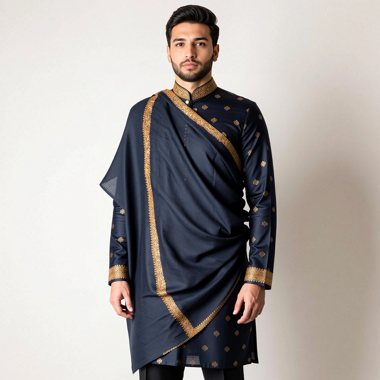 Zuhoor 100% Pure Pashmina Black Yellow Sozni Shawl