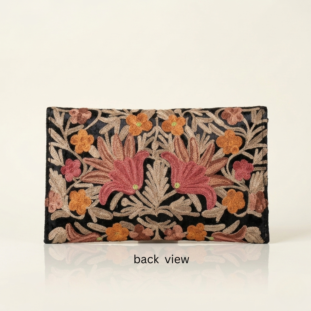 Kashmiri Aari Embroidered Black Velvet Clutch Bag