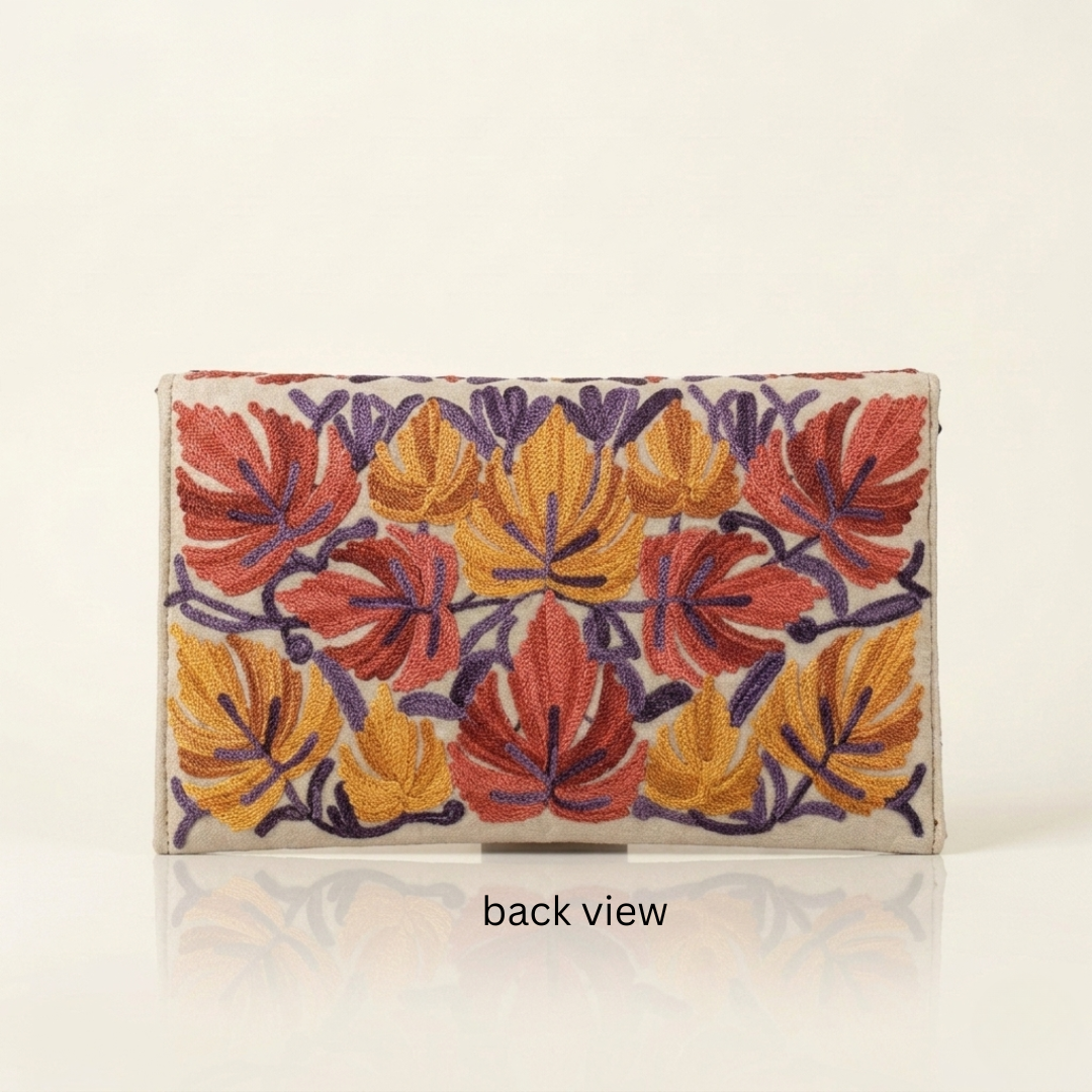 Kashmiri Aari Embroidered White Clutch Bag