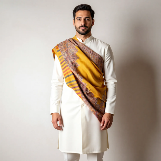 Zuhoor Mustard Yellow Kashmiri Kani Jamawar Shawl