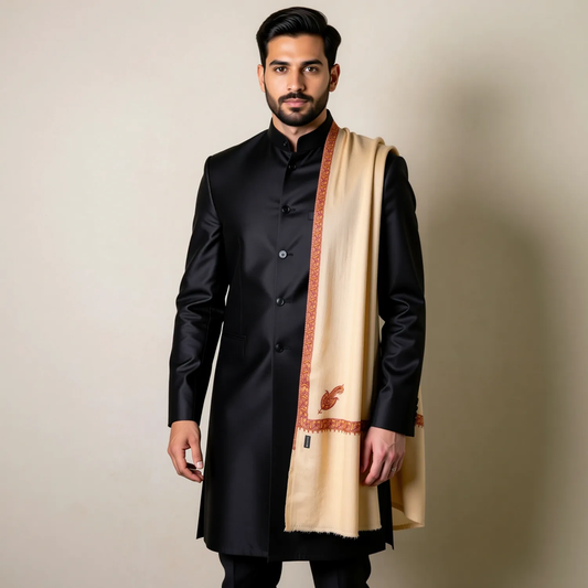 Zuhoor 100% Pure Pashmina Beige Rust Mustard Sozni Shawl