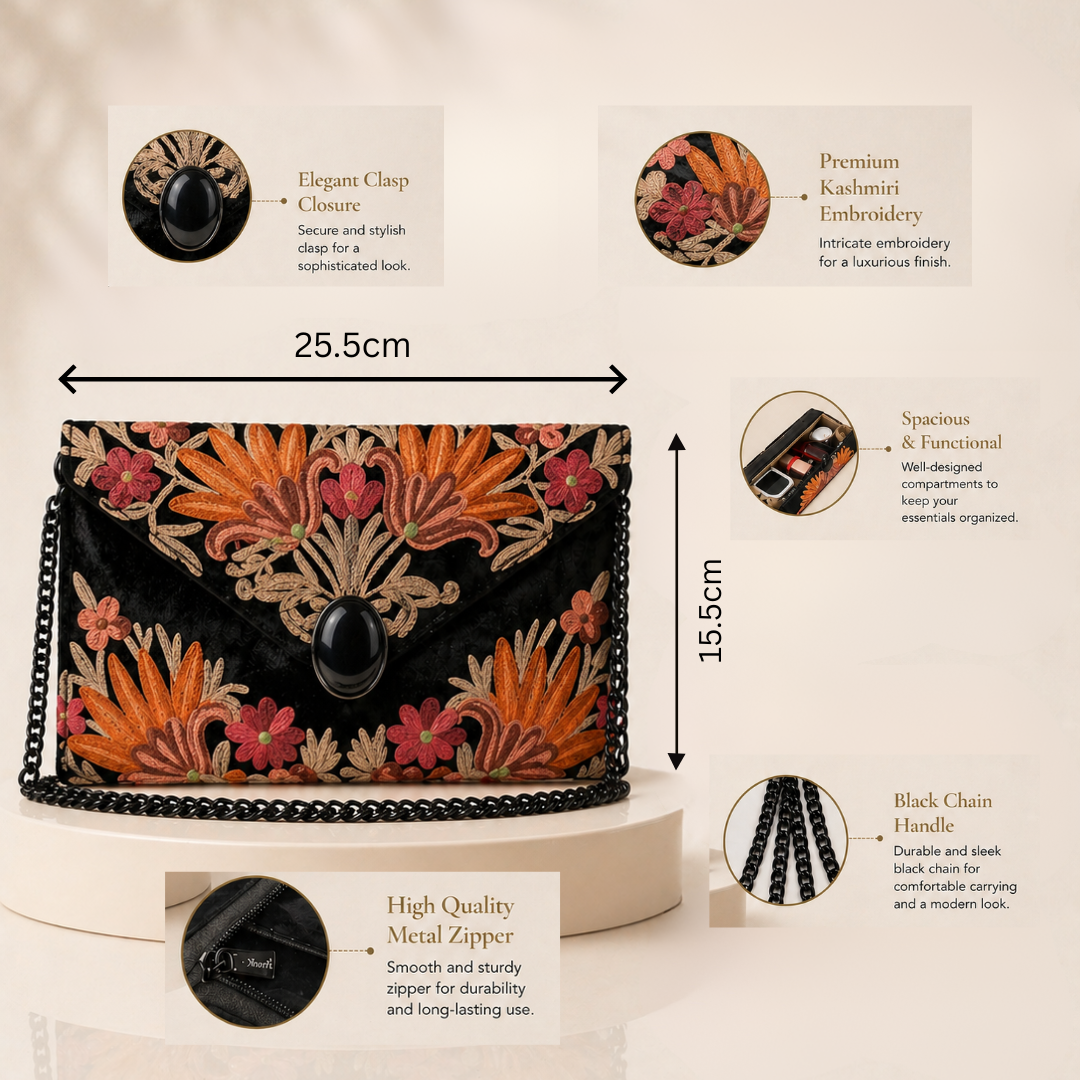 Kashmiri Aari Embroidered Black Velvet Clutch Bag