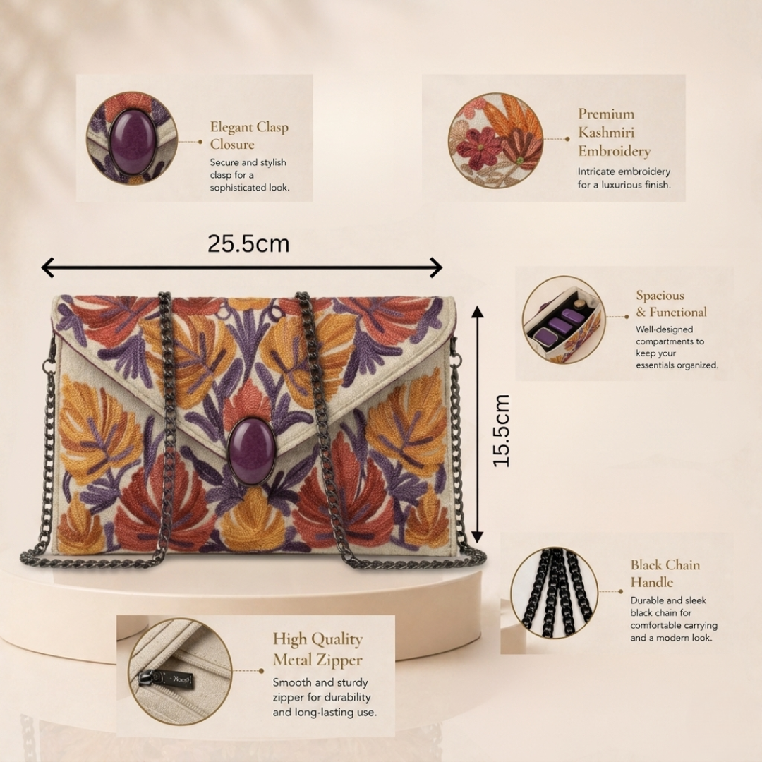 Kashmiri Aari Embroidered White Clutch Bag