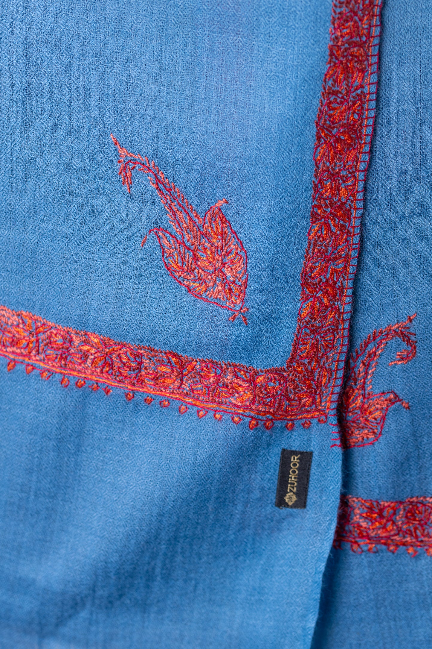 Zuhoor 100% Pure Pashmina Sky Blue Red Sozni Shawl