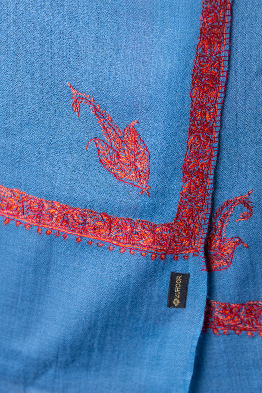 Zuhoor 100% Pure Pashmina Sky Blue Red Sozni Shawl