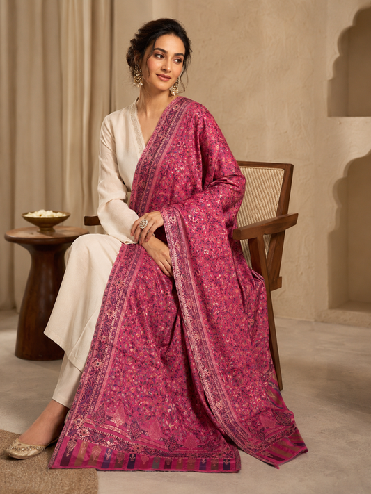 Zuhoor Classic Zari Kashmiri Stole Pink