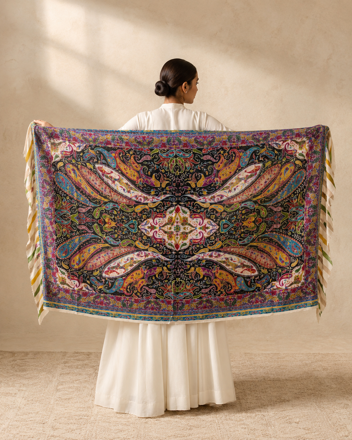 Zuhoor Kalamkari 100% Pure Pashmina Black Shawl