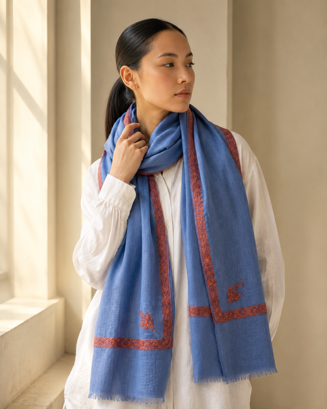 Zuhoor 100% Pure Pashmina Sky Blue Red Sozni Shawl
