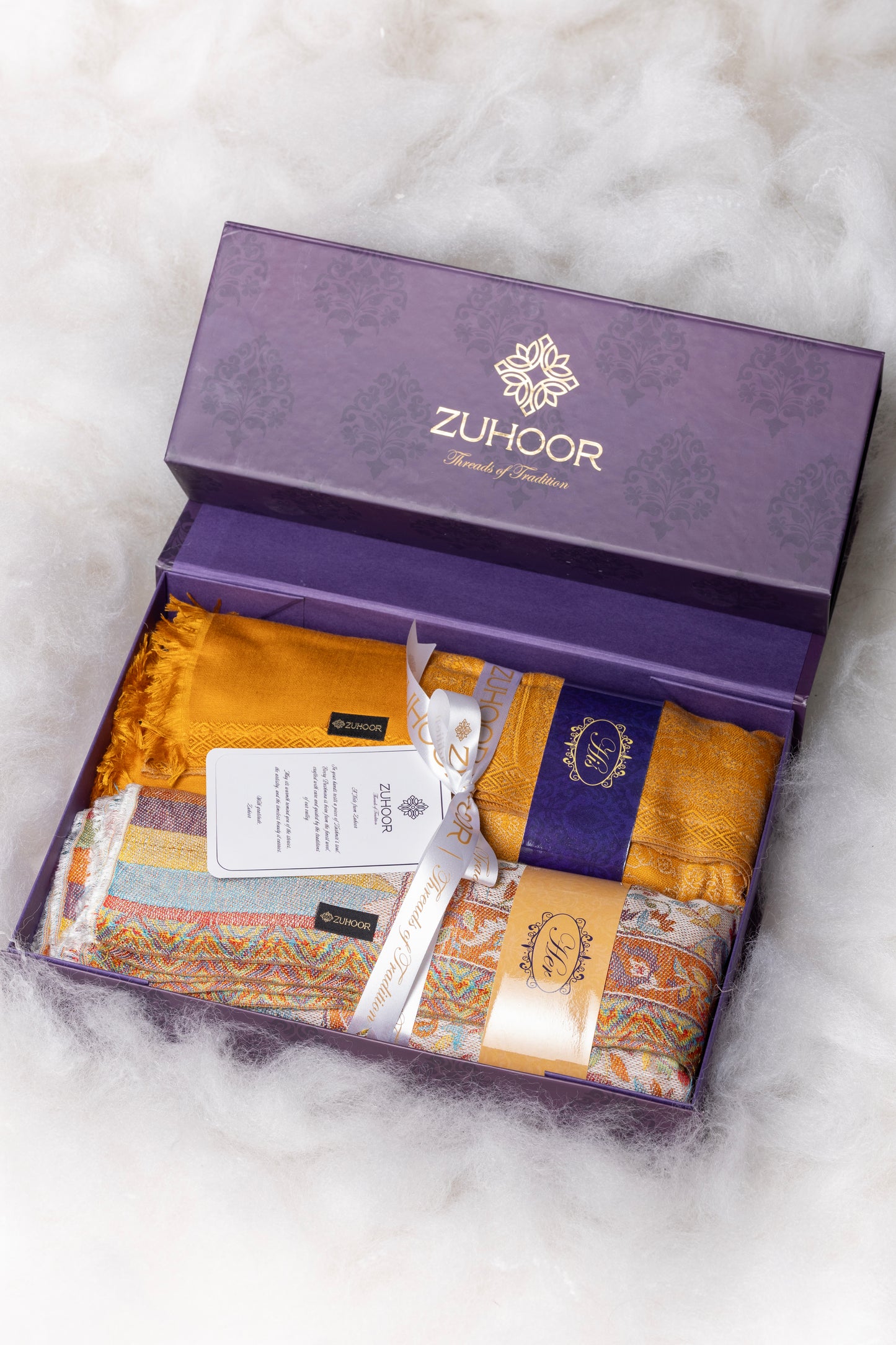 Zuhoor Kashmiri His & Her Shawl Set (Off-White & Mustard)