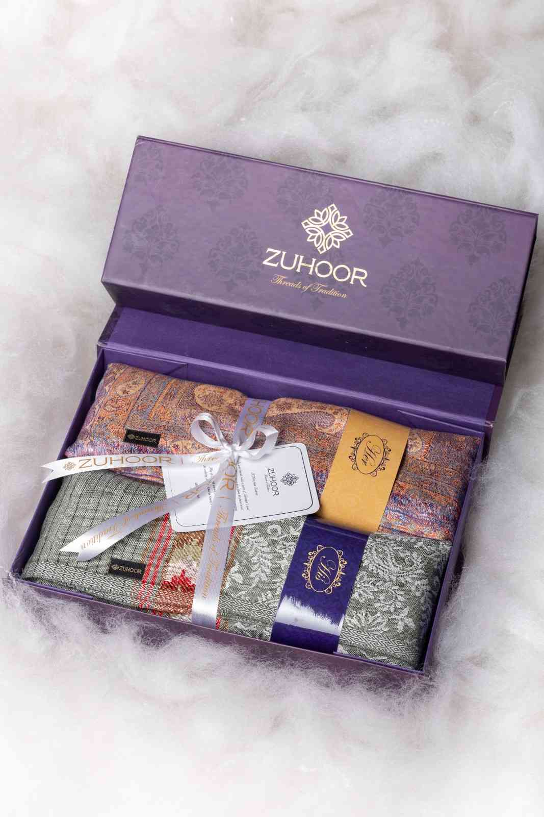 Zuhoor Royal Couple Kashmiri Reversible Stole Set (Purple & Green)