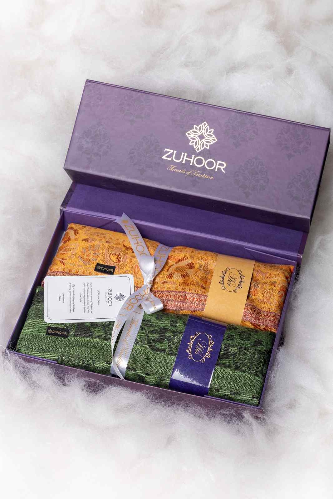 Zuhoor Royal Couple Reversible Stole Set (Mustard & Green)