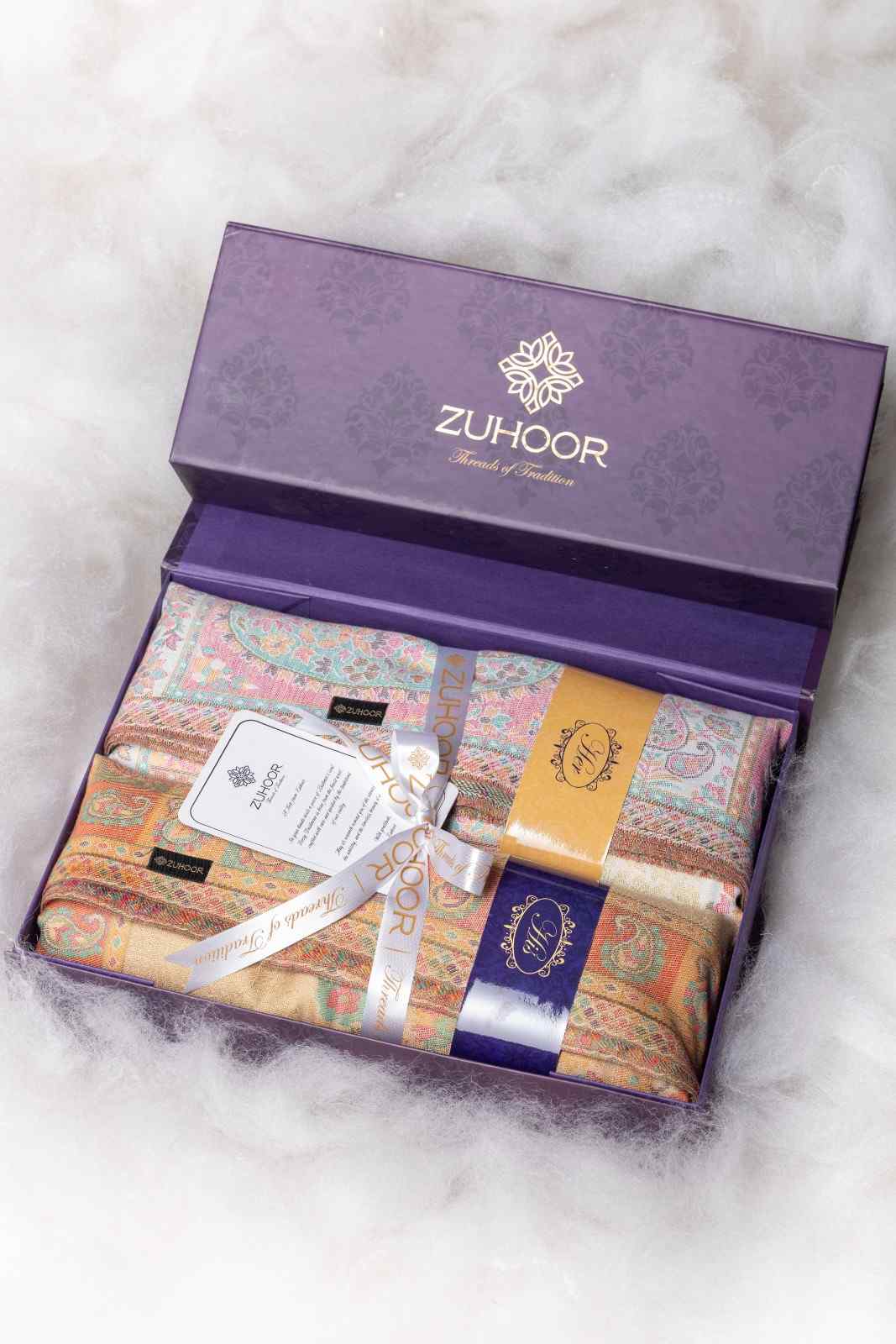 Zuhoor Kashmiri Zari Couple Shawl Set (White & Beige)