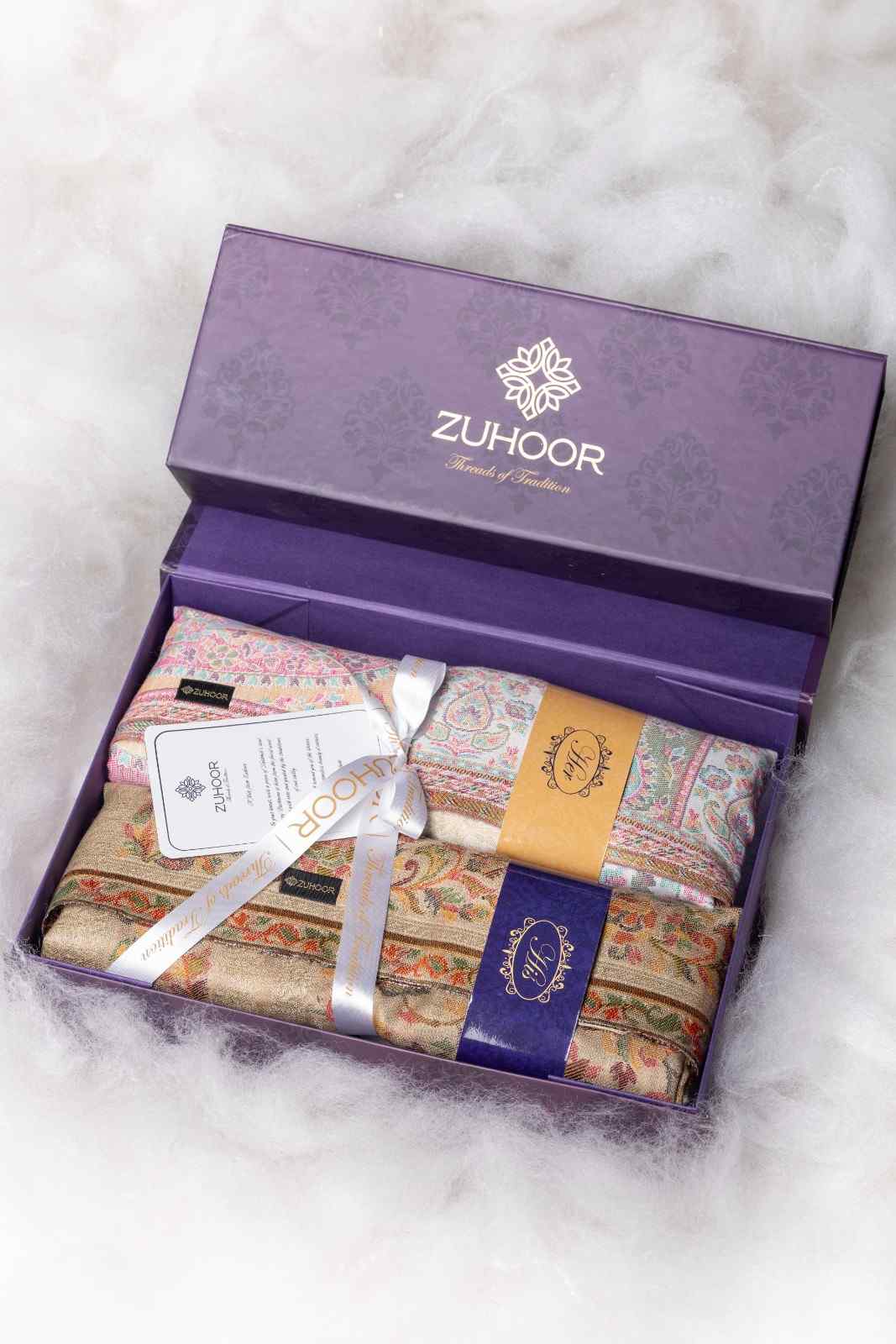 Zuhoor Kashmiri Zari Couple Stole Set (White & Beige)