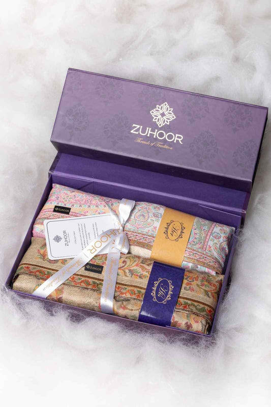 Zuhoor Kashmiri Zari Couple Stole Set (White & Beige)