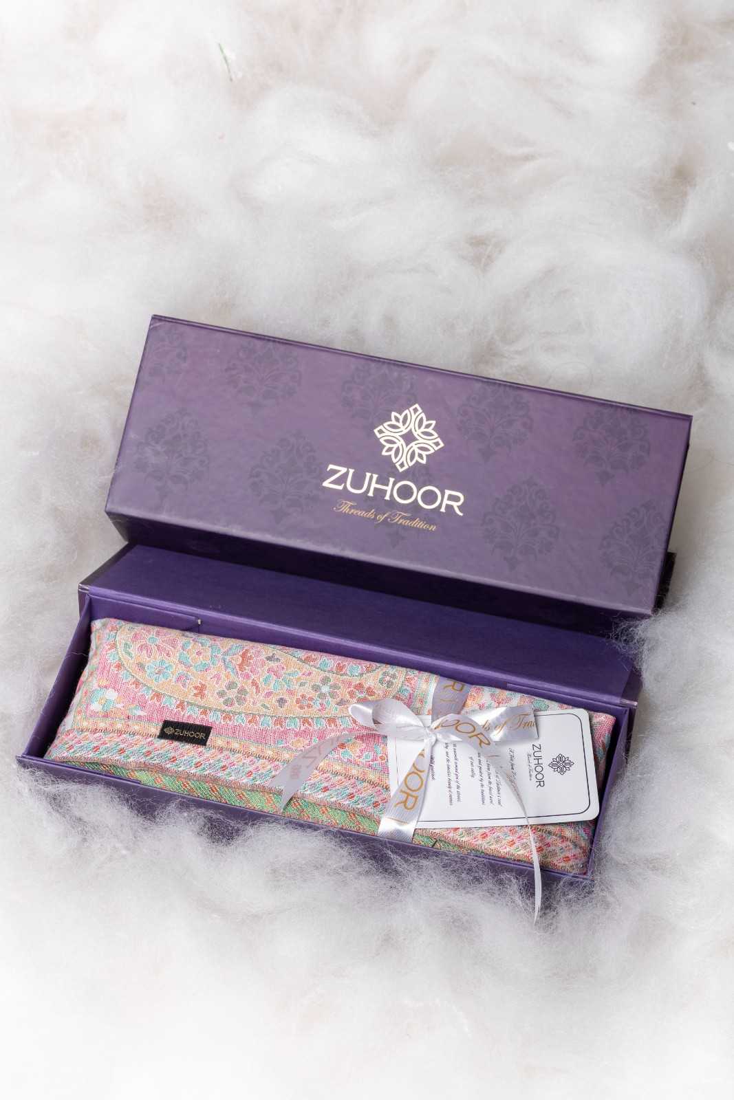 Zuhoor Pearl White Kani Zari Kashmiri Shawl