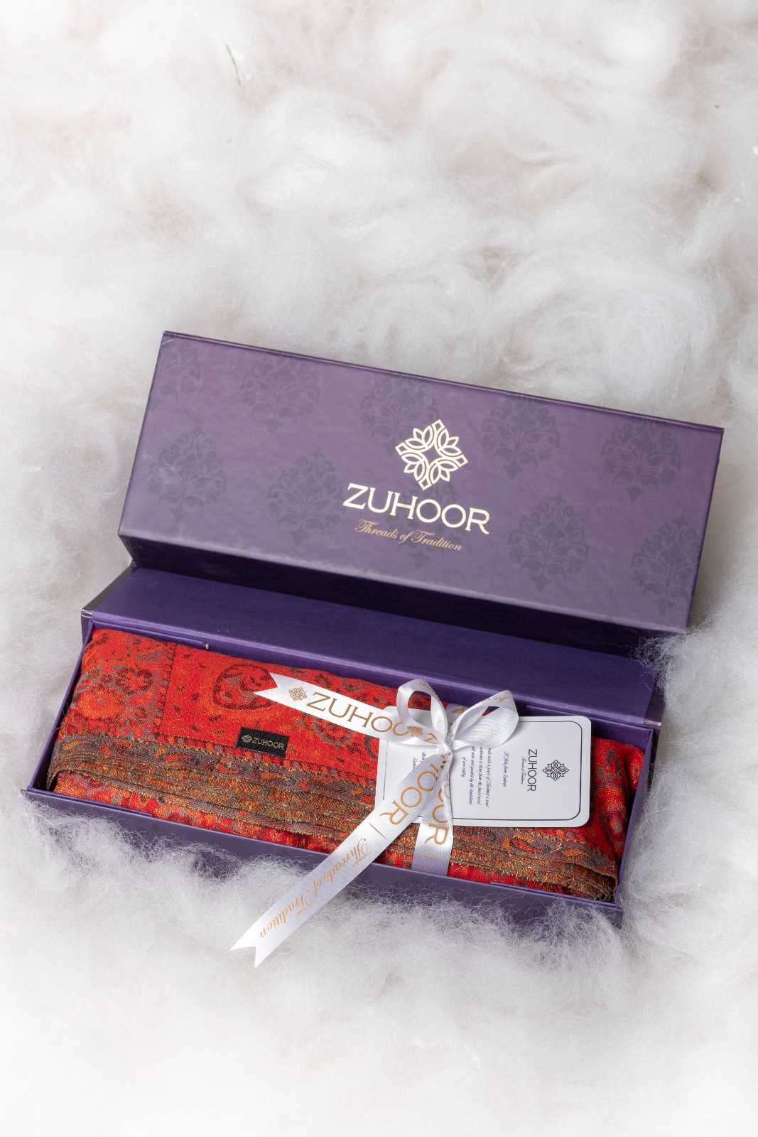 Zuhoor Ruby Crimson Kani Zari Kashmiri Shawl