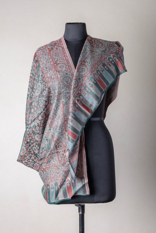 Zuhoor Teal Maroon Kashmiri 2-Way Reversible Stole