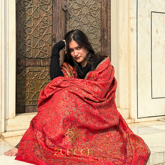 Zuhoor Ruby Crimson Kani Zari Kashmiri Shawl