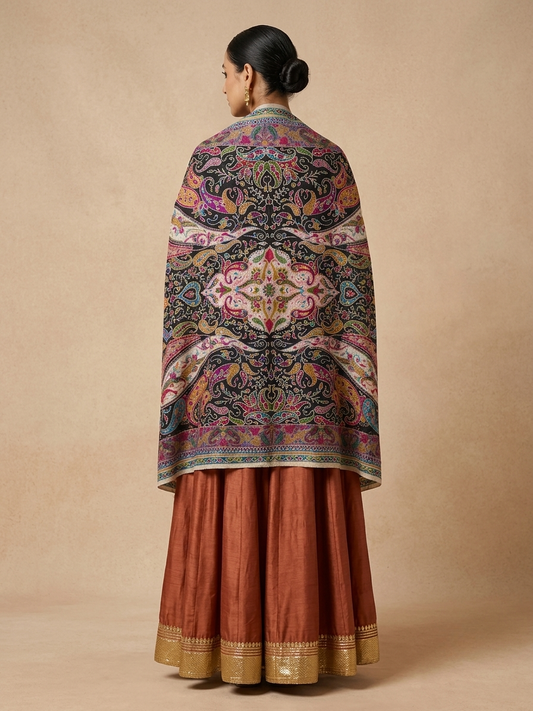 Zuhoor Kalamkari 100% Pure Pashmina Black Shawl