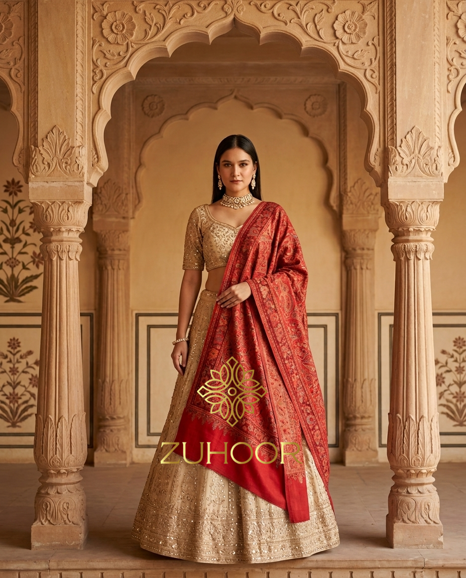 Zuhoor Ruby Crimson Kani Zari Kashmiri Shawl