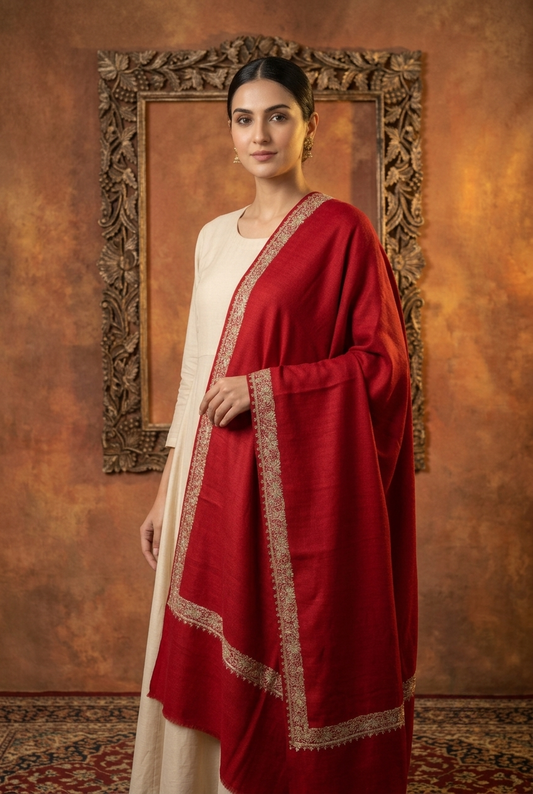 Zuhoor 100% Pure Pashmina Red Sozni Shawl