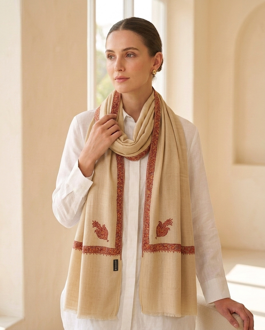 Zuhoor 100% Pure Pashmina Beige Rust Mustard Sozni Shawl