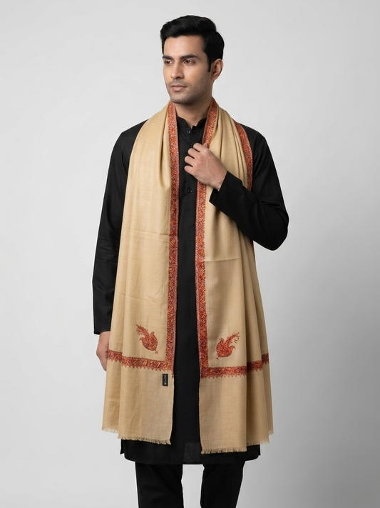 Zuhoor 100% Pure Pashmina Beige Rust Mustard Sozni Shawl
