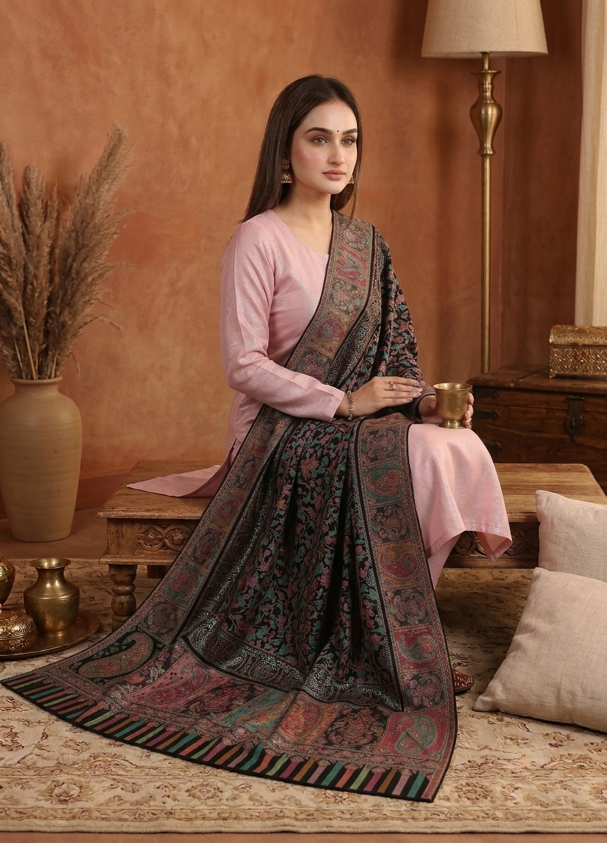 Zuhoor Black Elegance Kani Zari Kashmiri Shawl