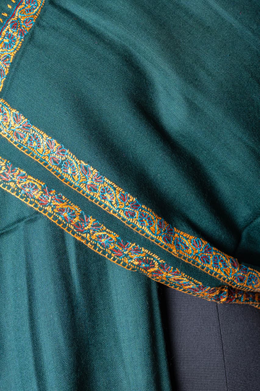 Zuhoor 100% Pure Pashmina Bottle Green Sozni Shawl