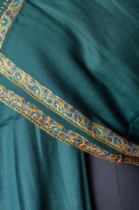 Zuhoor 100% Pure Pashmina Bottle Green Sozni Shawl