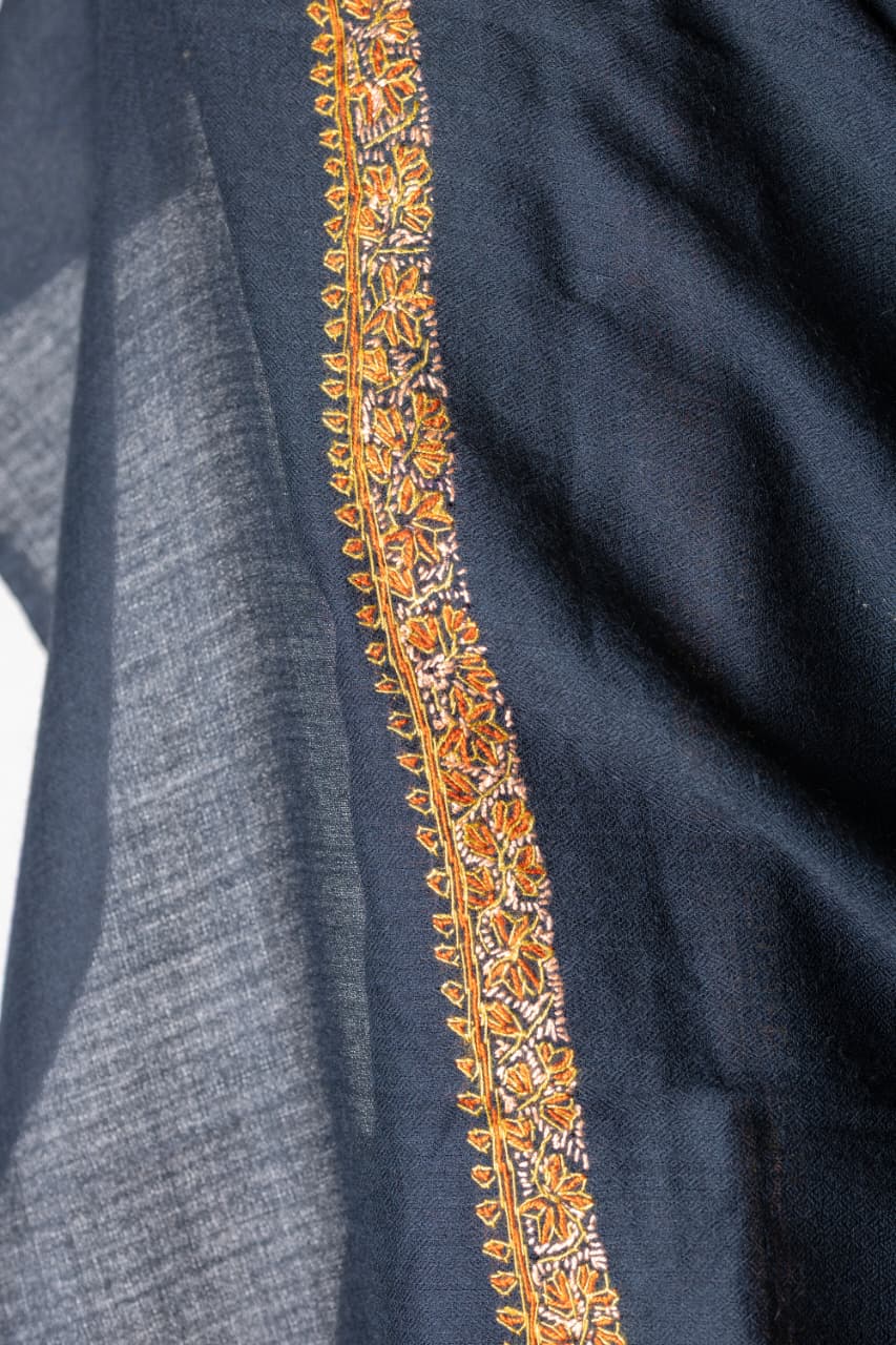 Zuhoor 100% Pure Pashmina Black Yellow Sozni Shawl