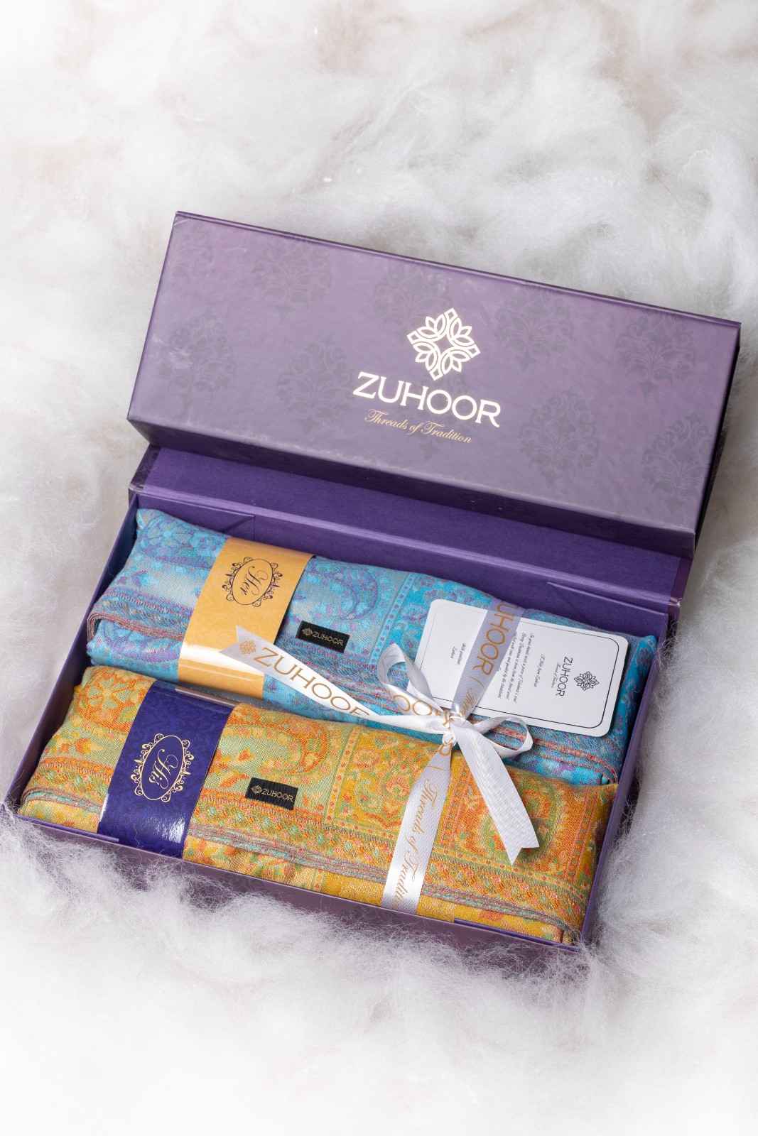 Zuhoor Kashmiri Zari Couple Stole Set (Mustard & Sky Blue)