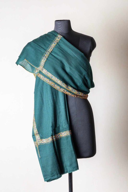 Zuhoor 100% Pure Pashmina Bottle Green Sozni Shawl